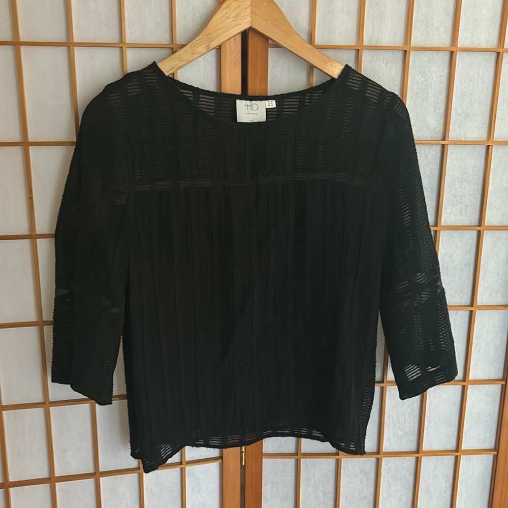 HD in Paris - Black Semi-Sheer Striped Boatneck Blouse, 3/4 sleeve